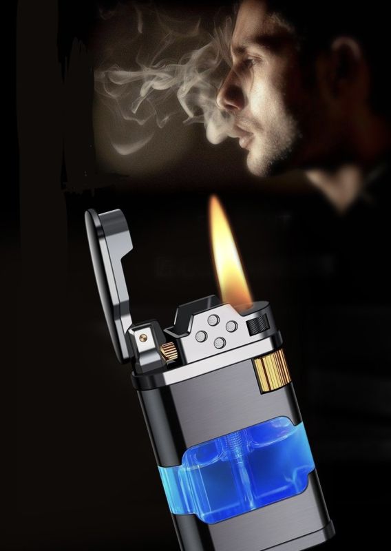 Газова турбо-запальничка з прозорим баком сріблястого  кольору