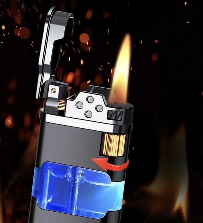 Газова турбо-запальничка з прозорим баком золотистого  кольору