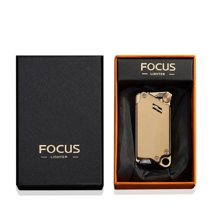 Газова турбо-запальничка FOCUS у стилі Industrial / Steampunk золотиста