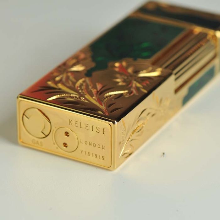 Преміальна Газова запальничка  KELEISI з художнім гравіюванням Смарагдово-Золота