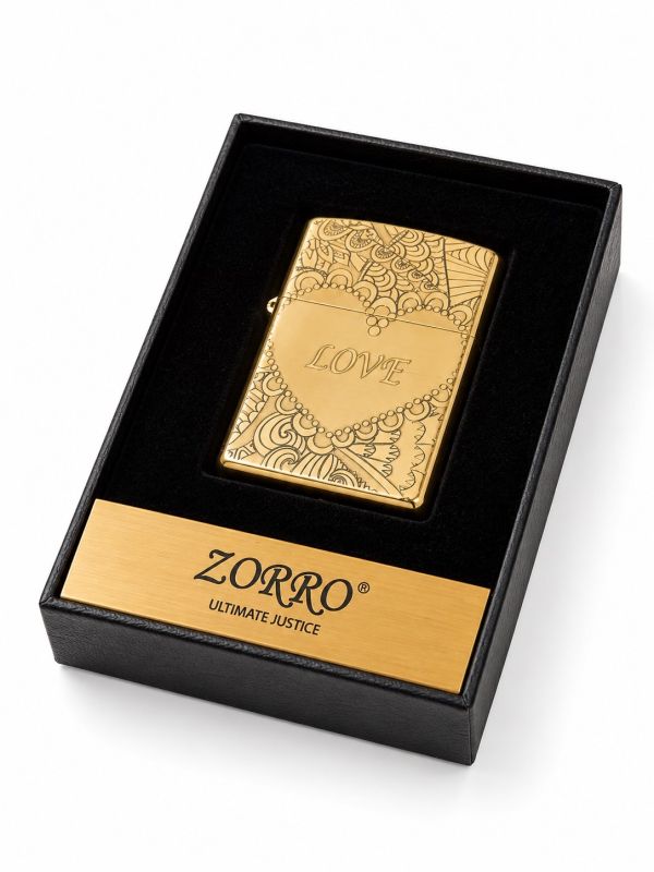 Бензинова запальничка Zorro "LOVE" (Латунна, Золотиста) в подарунковій упаковці