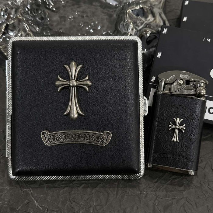 Портсигар металевий Chrome Hearts із чорною екошкірою та хрестом (99х95х19 мм)
