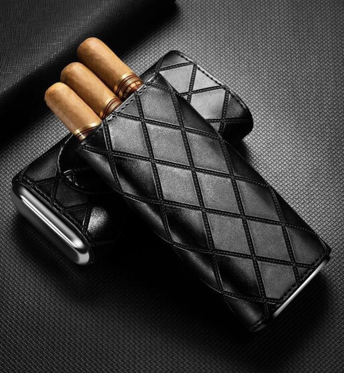 Елегантний шкіряний футляр (хумідор) для 3-х сигар Cigarloong із гільйотиною — Чорний
