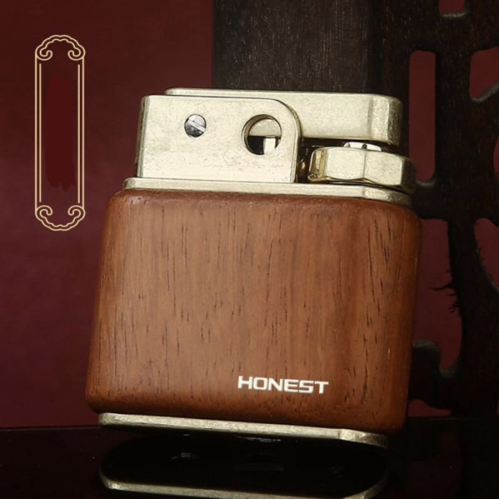 Елітна бензинова запальничка Honest зі вставкою з натурального дерева колір горіх