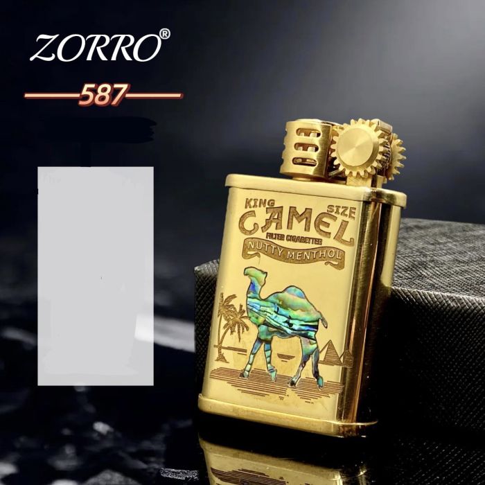 Бензинова запальничка ZORRO 587 Brass у стилі Репід / Стімпанк з інкрустацією перламутром (Camel / Bear)